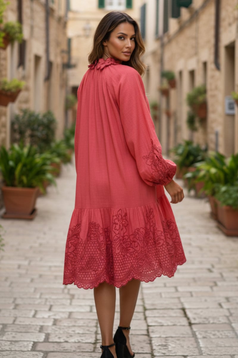 Pink Tiered Knee-Length Dress with Tie-Up Neck