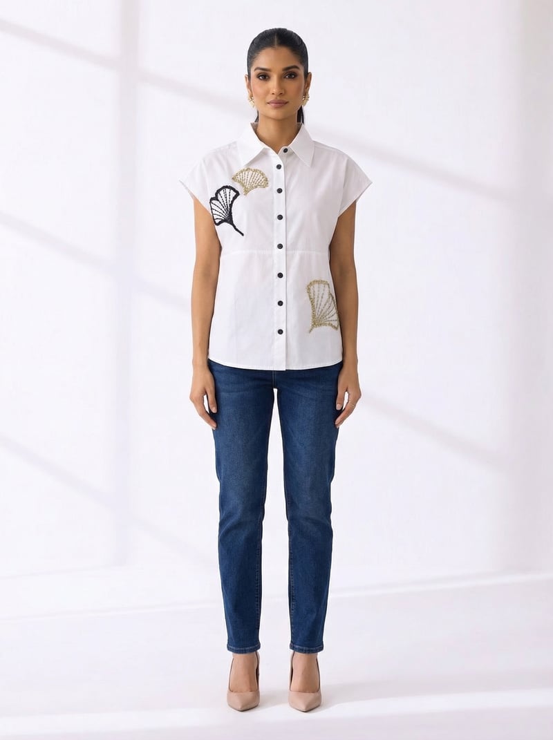 Ivory Cotton Embroidered Button-Down Shirt — KIHIKI