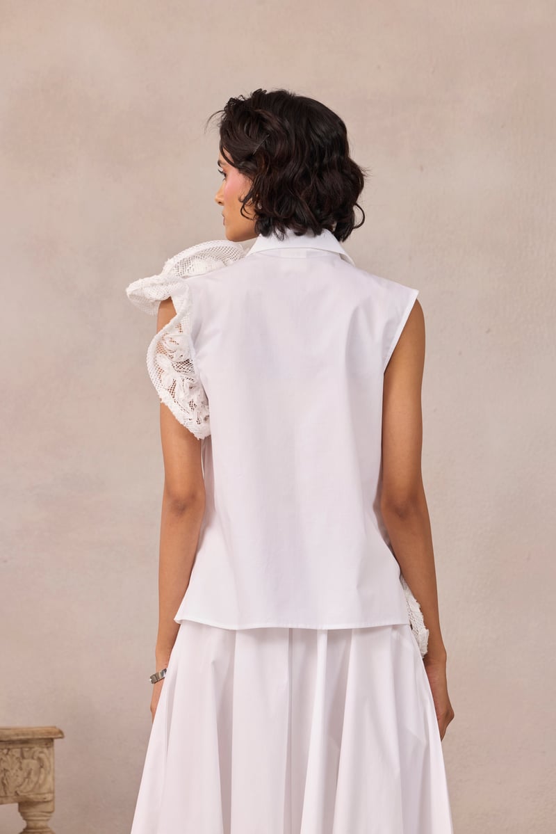 Bright White Sleeveless Shirt with 3D Rosette Detail