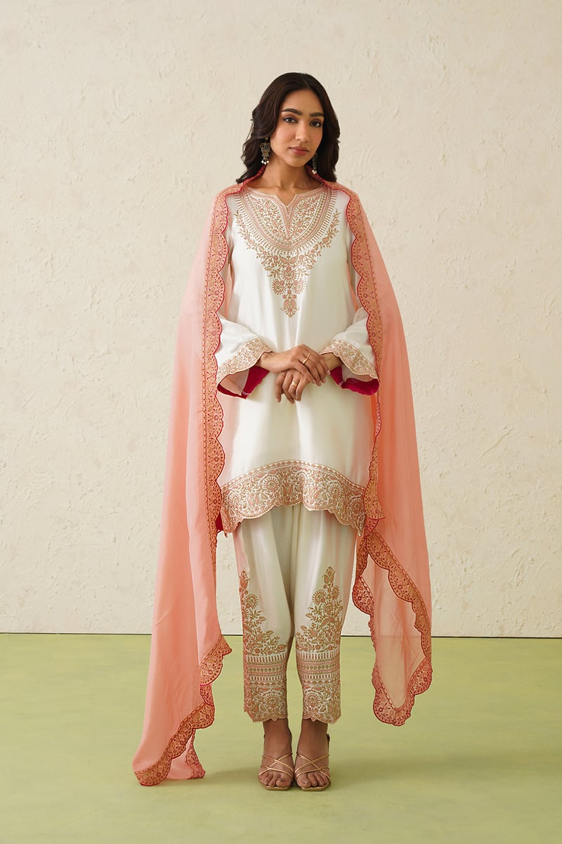 Cream Embroidered Kurta Set with Peach Organza Dupatta