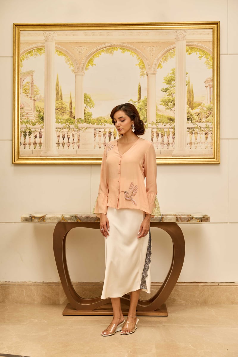 Serenade Peach Hand Embroidered French Lace Crepe Silk Top