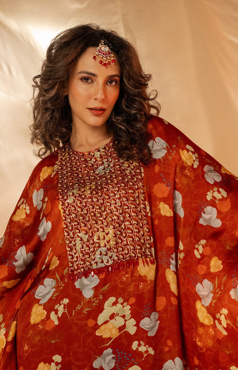 Maroon Floral Kaftan Kurta Set with Embroidered Yoke