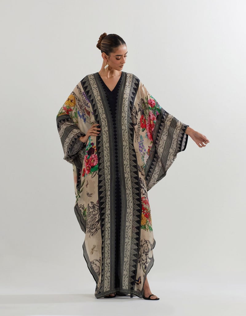 Beige Botanical Print Modal Silk Maxi Kaftan