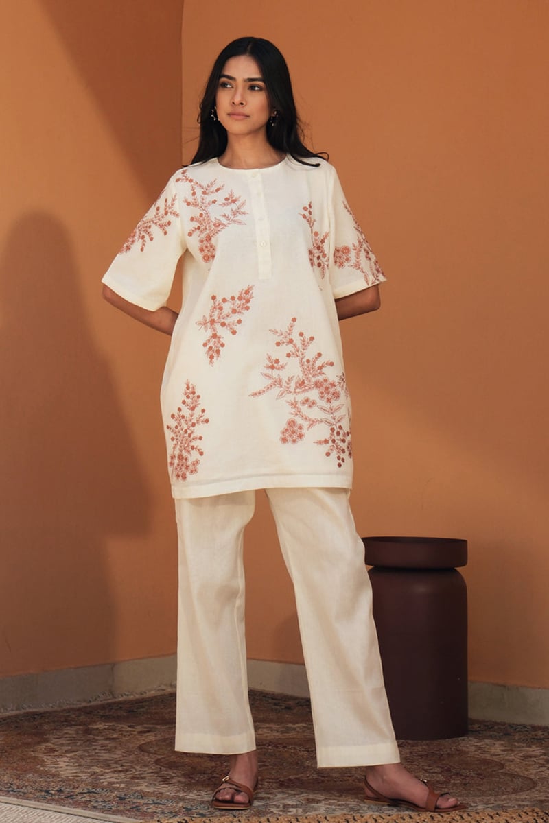 Off-White Floral Mul Mul Co-ord Set with Pants