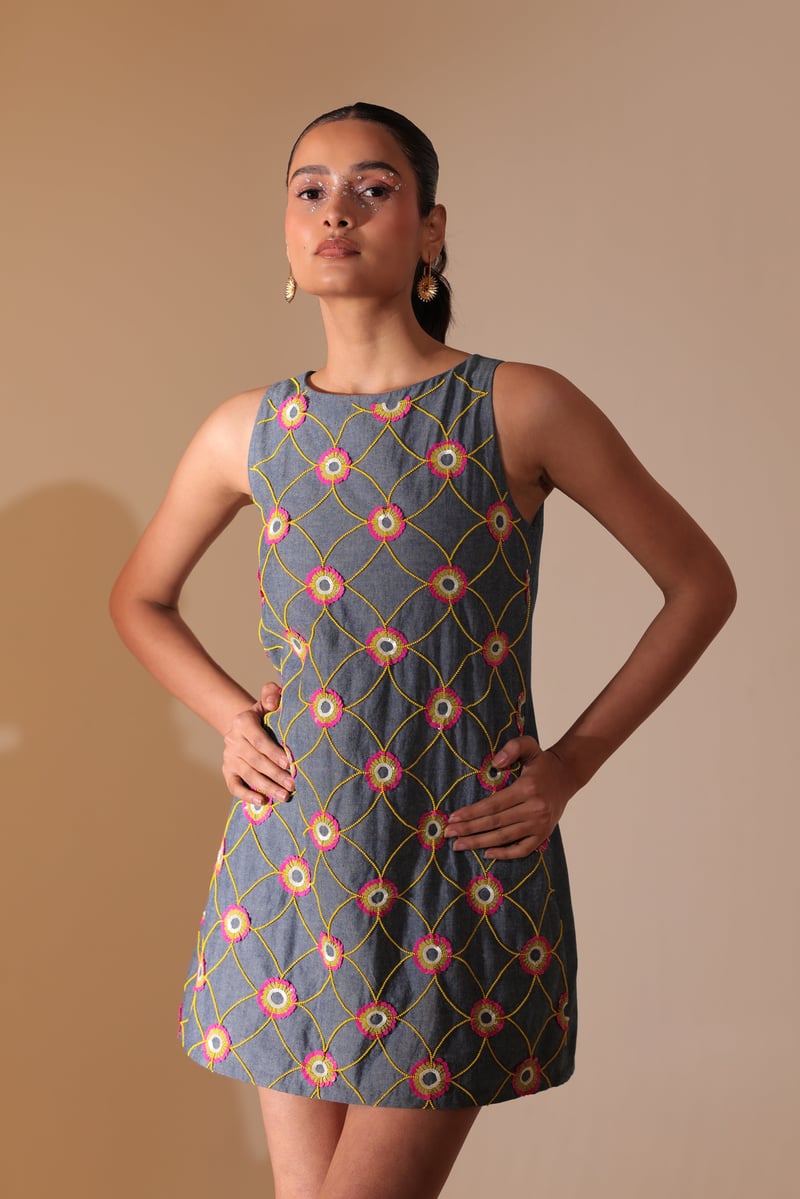Blue Denim Embroidered Daisy Lattice Shift Mini Dress