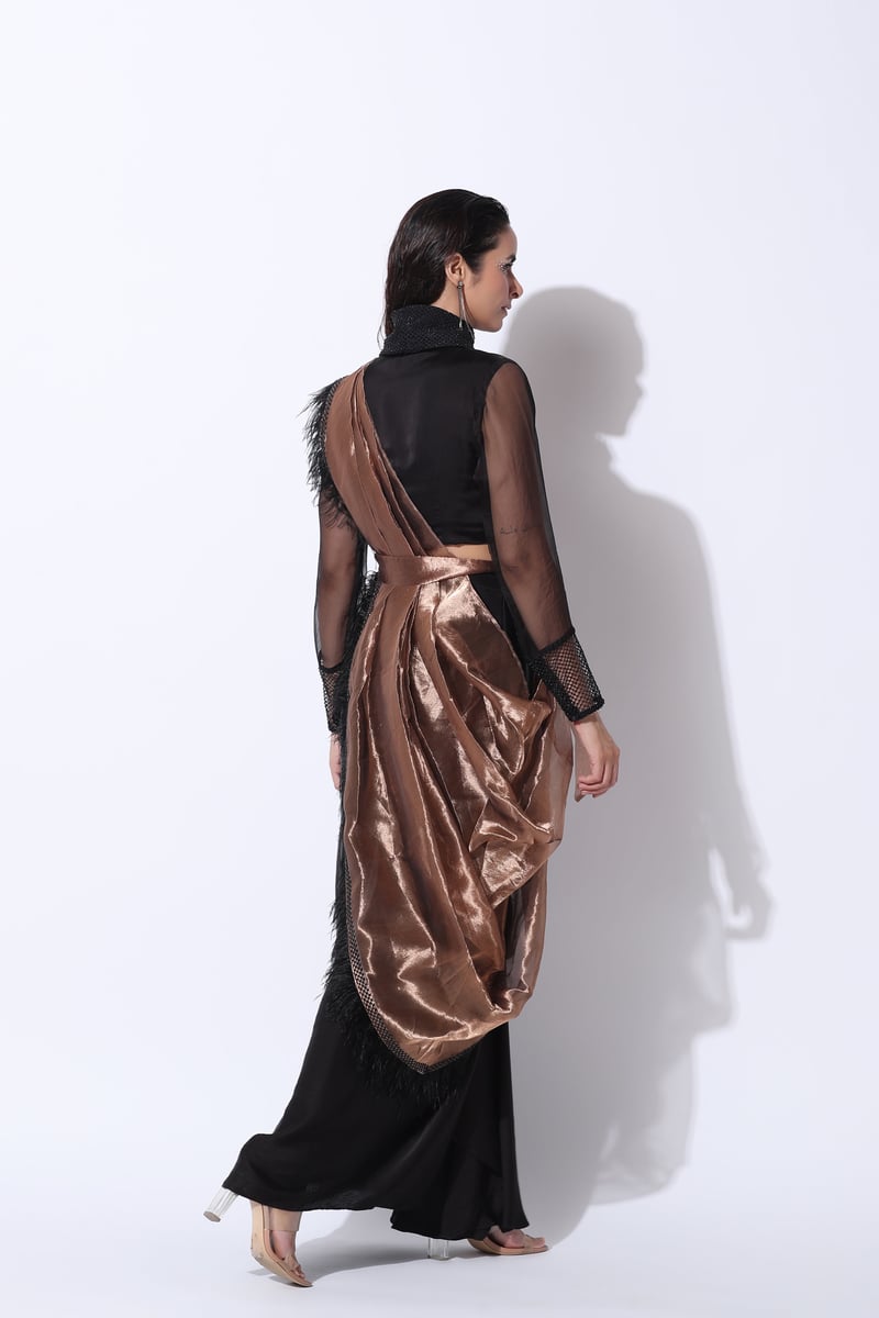 Black Pre-Draped Saree Set with Copper Tissue Drape
