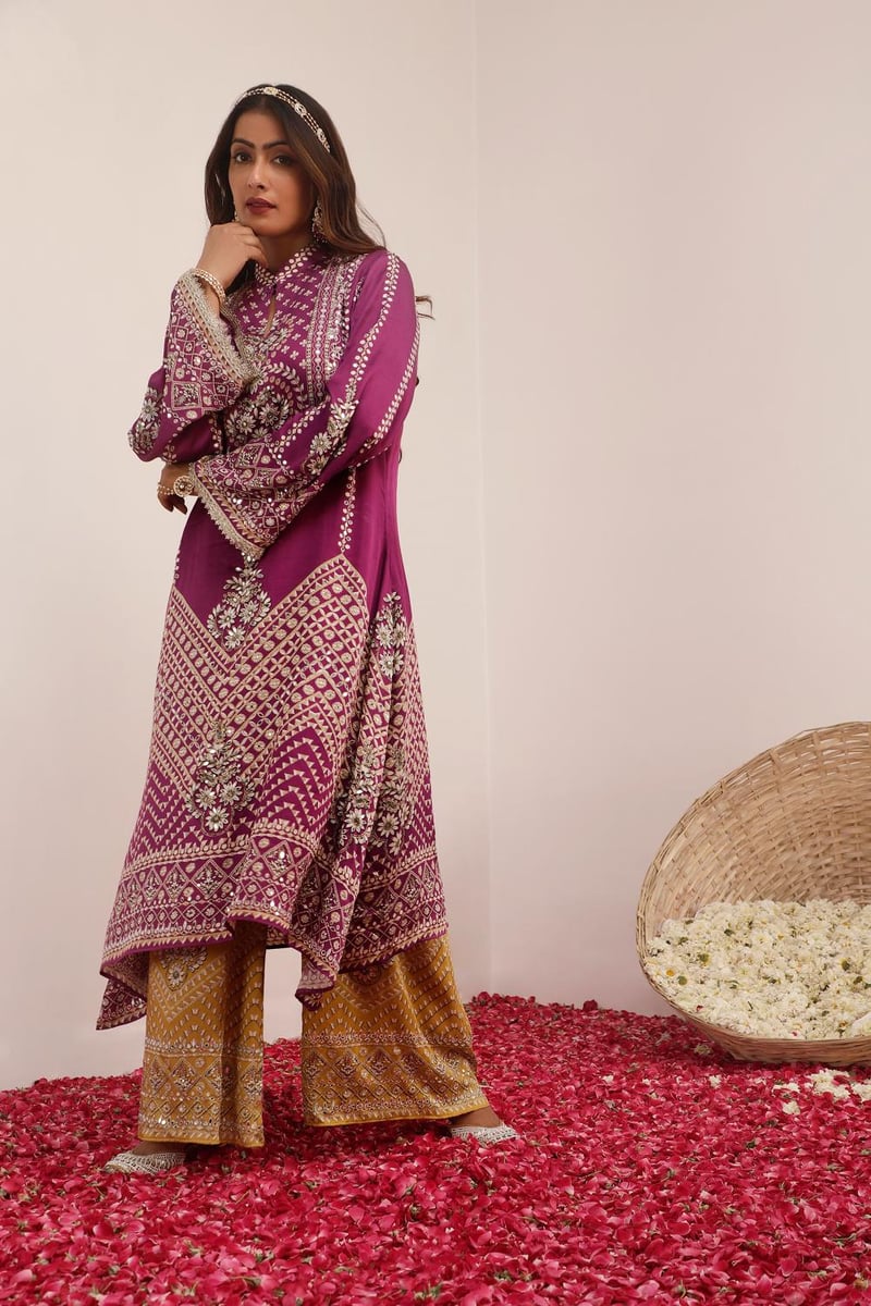 Purple and Mustard A-Line Mirror Work Kurta Set