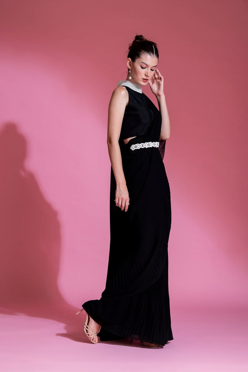 Midnight Black Pre-Draped Pleated Georgette Saree Set