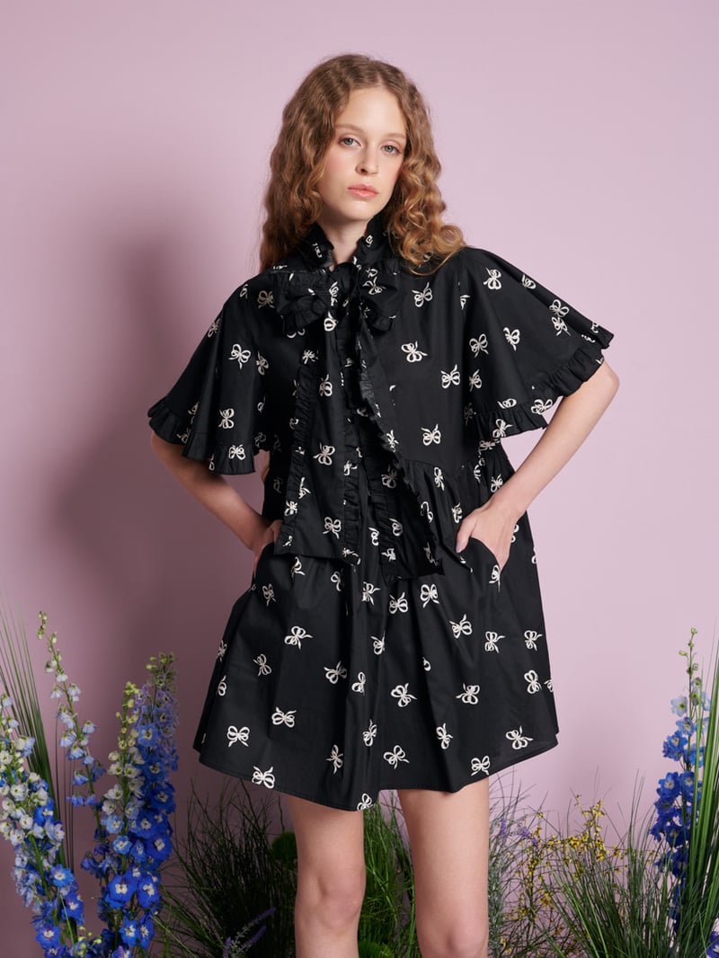 Black Bow Print Oversized Smock Mini Dress