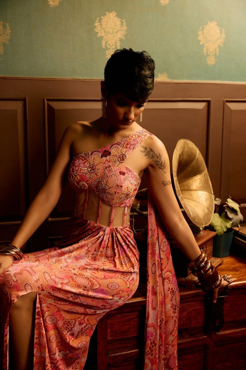 Pink One-Shoulder Printed Corset Drape Gown
