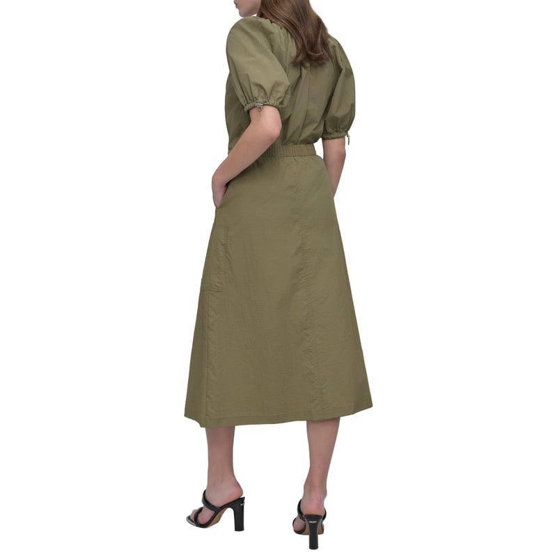 Utility Green Perforated Nylon Puff Sleeve V-Neck Top