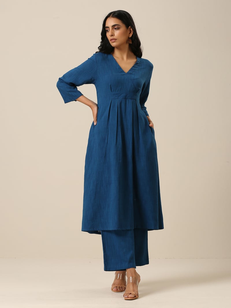 Classic Blue Slub Overlap Pleat Kurta Pant Set