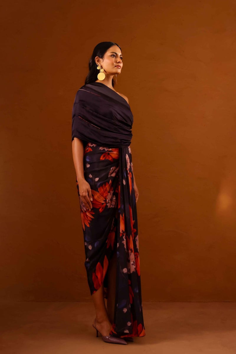 Multicolor One-Shoulder Floral Maxi Gown with Slit