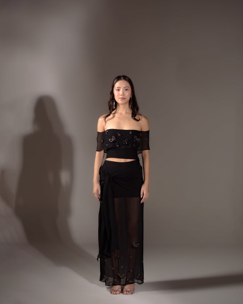 Black Silk Chiffon Embellished Maxi Skirt