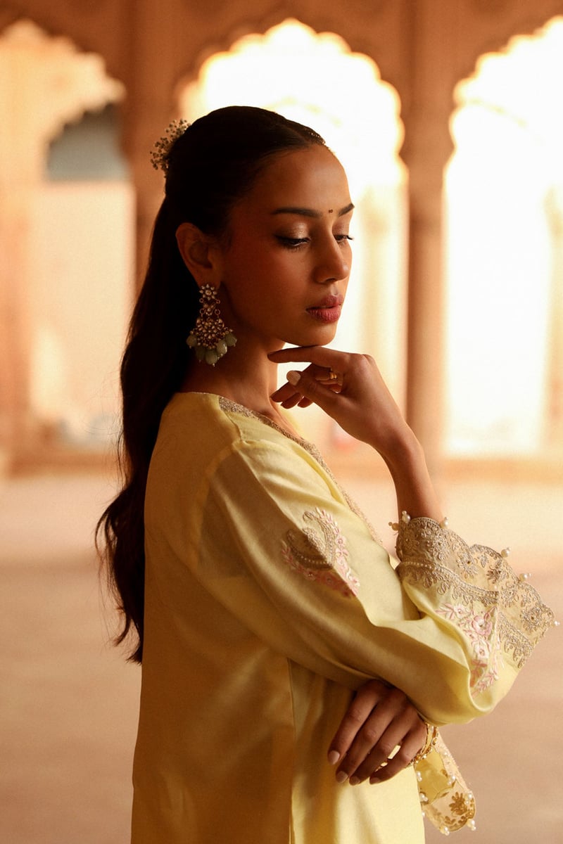 Lemon Yellow Embroidered Short Kurta with Salwar Set