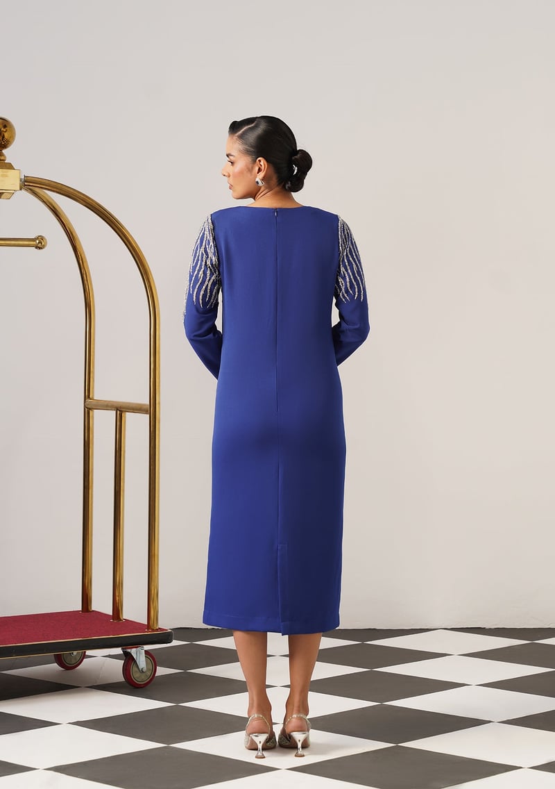 Blue Cutdana-Embellished V-Neck Midi Dress
