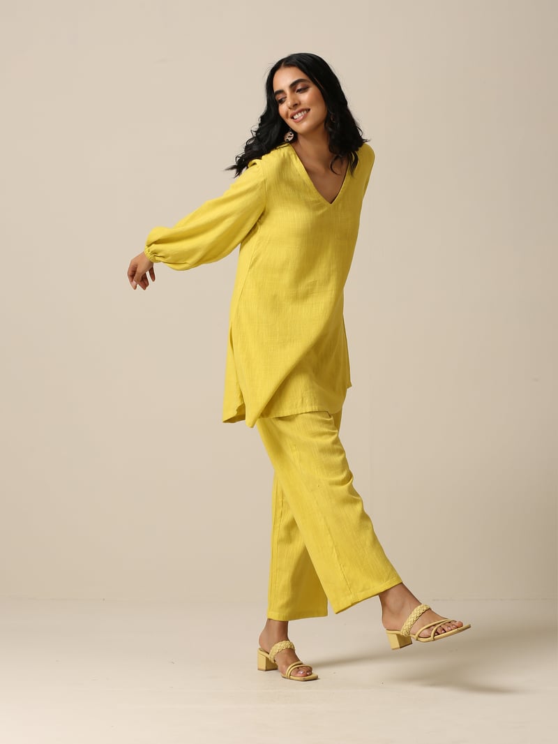 Lime Green Slub Textured Co-ord Set with V-Neck Top