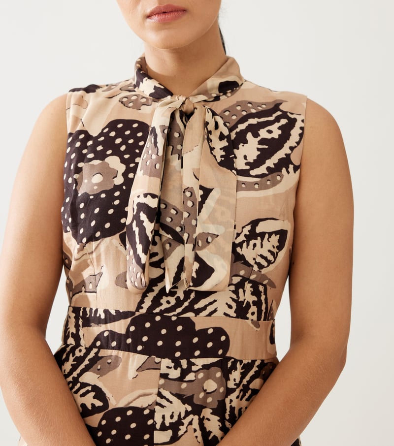 Cream And Dark Brown Floral Bow Tie Jumpsuit