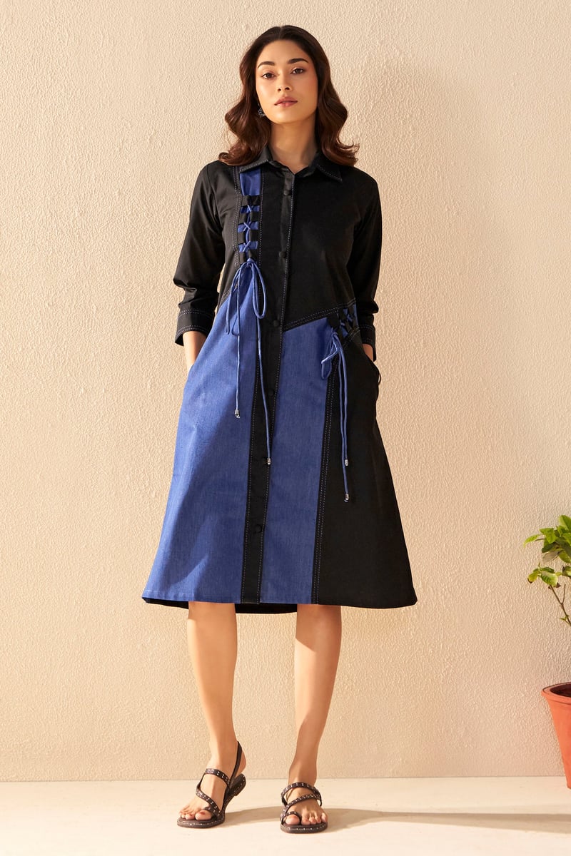 Black/Blue Colorblocked Midi Shirt Dress with Lace-Up Detail