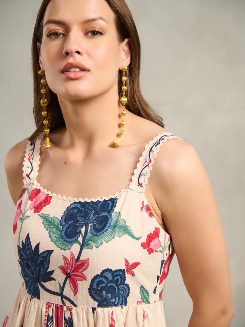 White Floral Printed Cotton Maxi Dress with Lace Trim