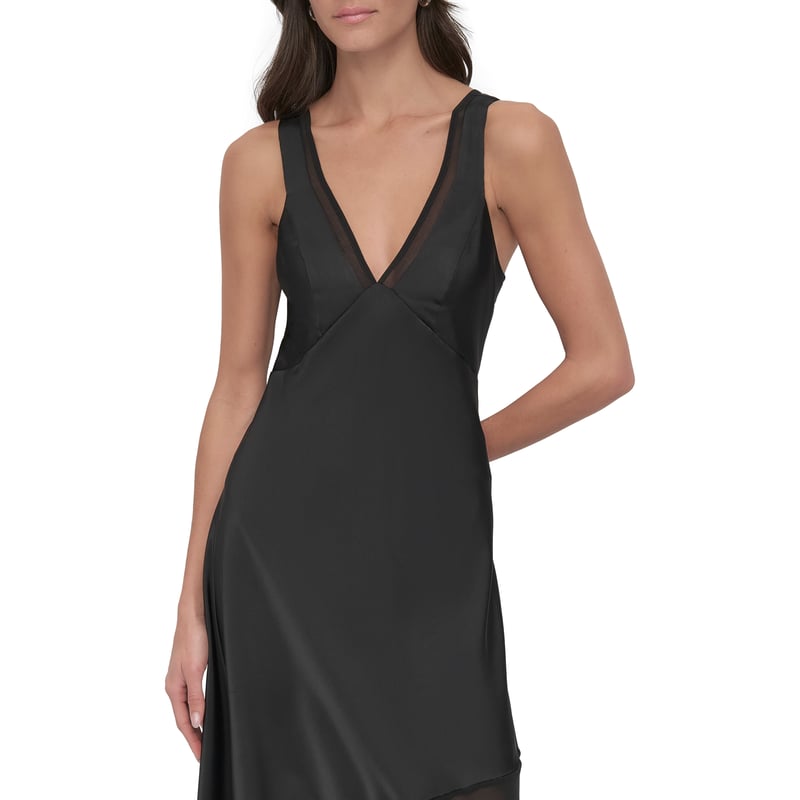 Black Satin Slip Midi Dress with Sheer Hem Panels