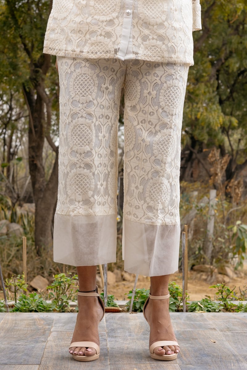 Off-White Cotton Lace Shirt and Pants Co-ord Set