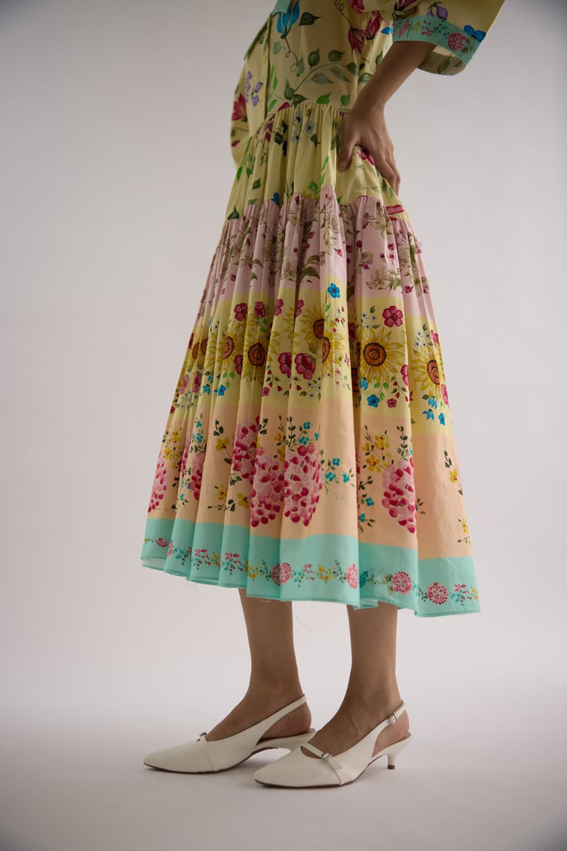 Yellow Floral Tiered Midi Shirt Dress with Contrast Collar
