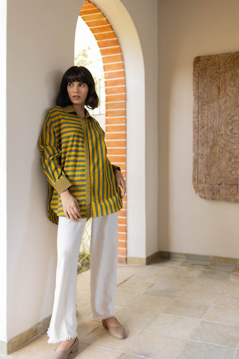 Moss Green and Mustard Striped Relaxed Fit Shirt