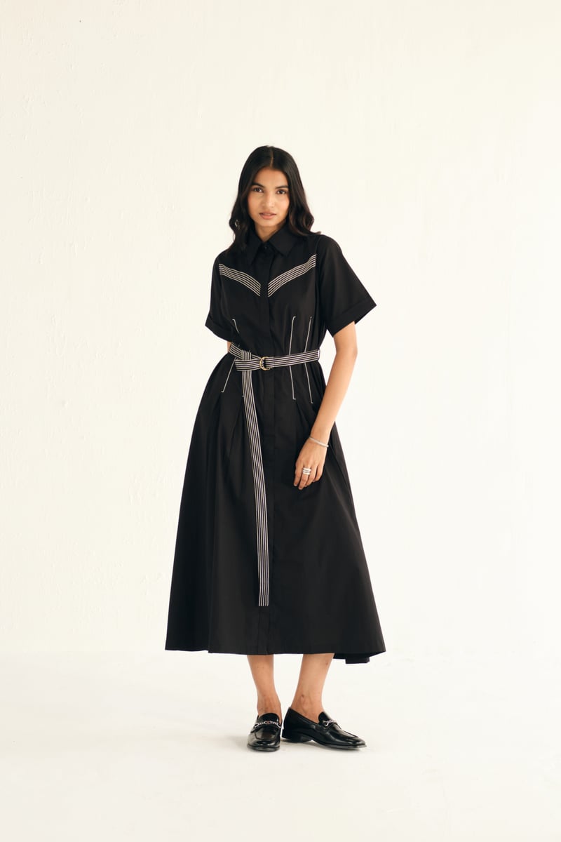 Black Poplin Midi Shirt Dress with Contrast Stitch Belt — Shop Staple