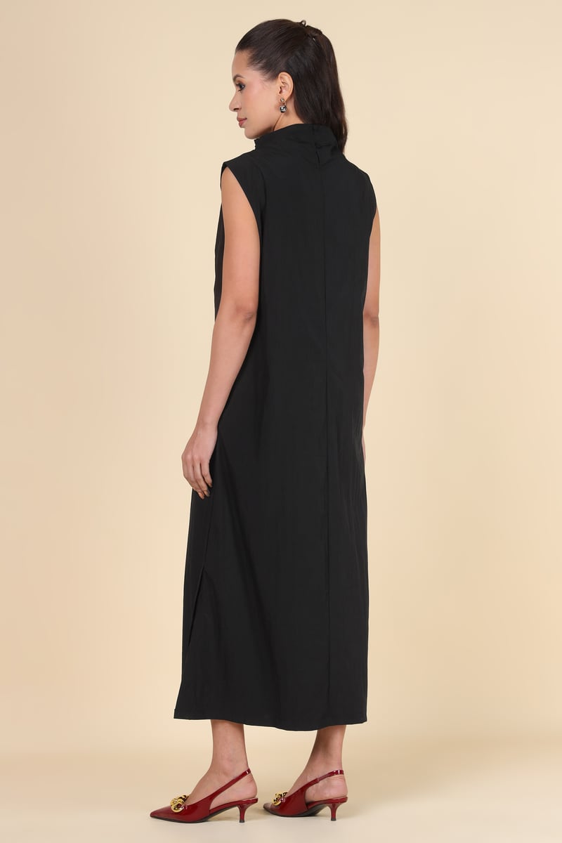 Black High Neck Sleeveless Midi Dress with Waist Rosette