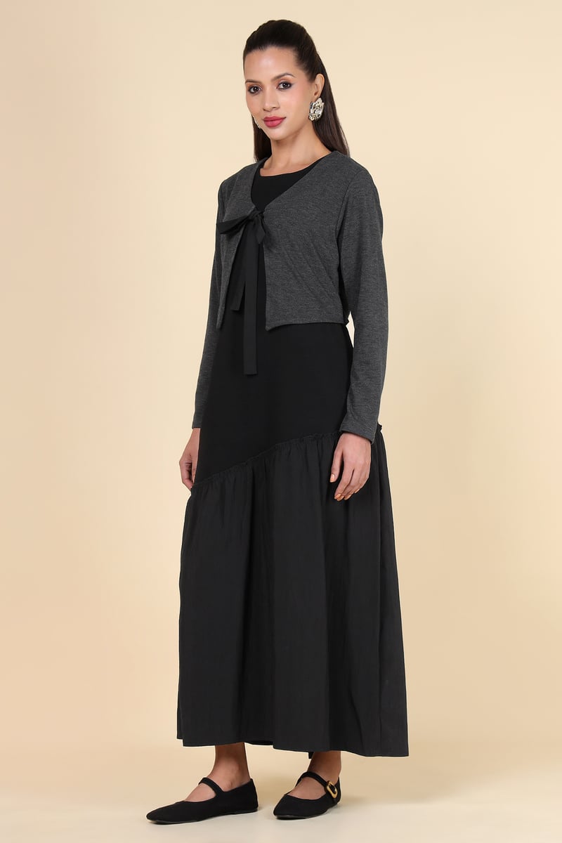 Black and Grey Layered-Look V-Neck Maxi Dress