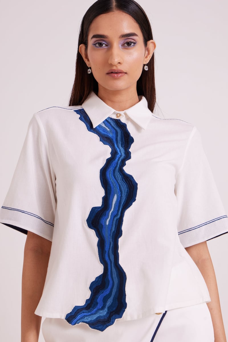 Ivory Shirt and Wide-Leg Pants Co-ord Set with Blue Appliqué