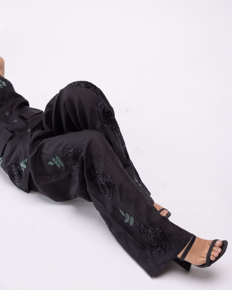 Black High-Waisted Wide-Leg Linen Trousers with Embroidery