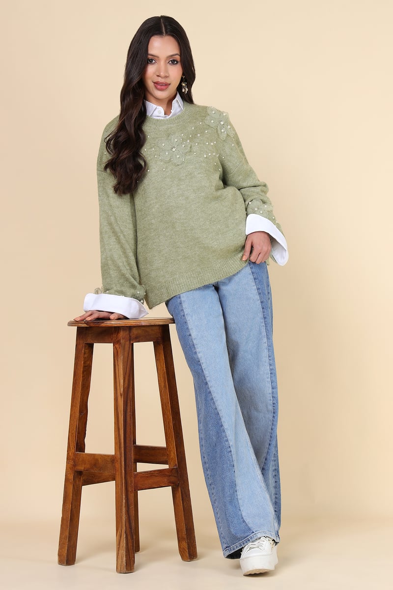 Green Floral Applique Embellished Pullover Sweater