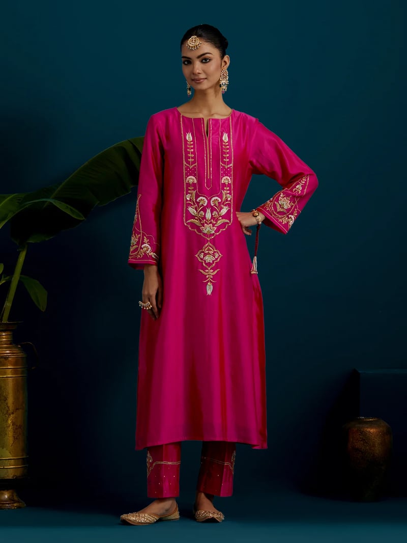 Fuchsia Notched Neck A-Line Kurta and Pant Set
