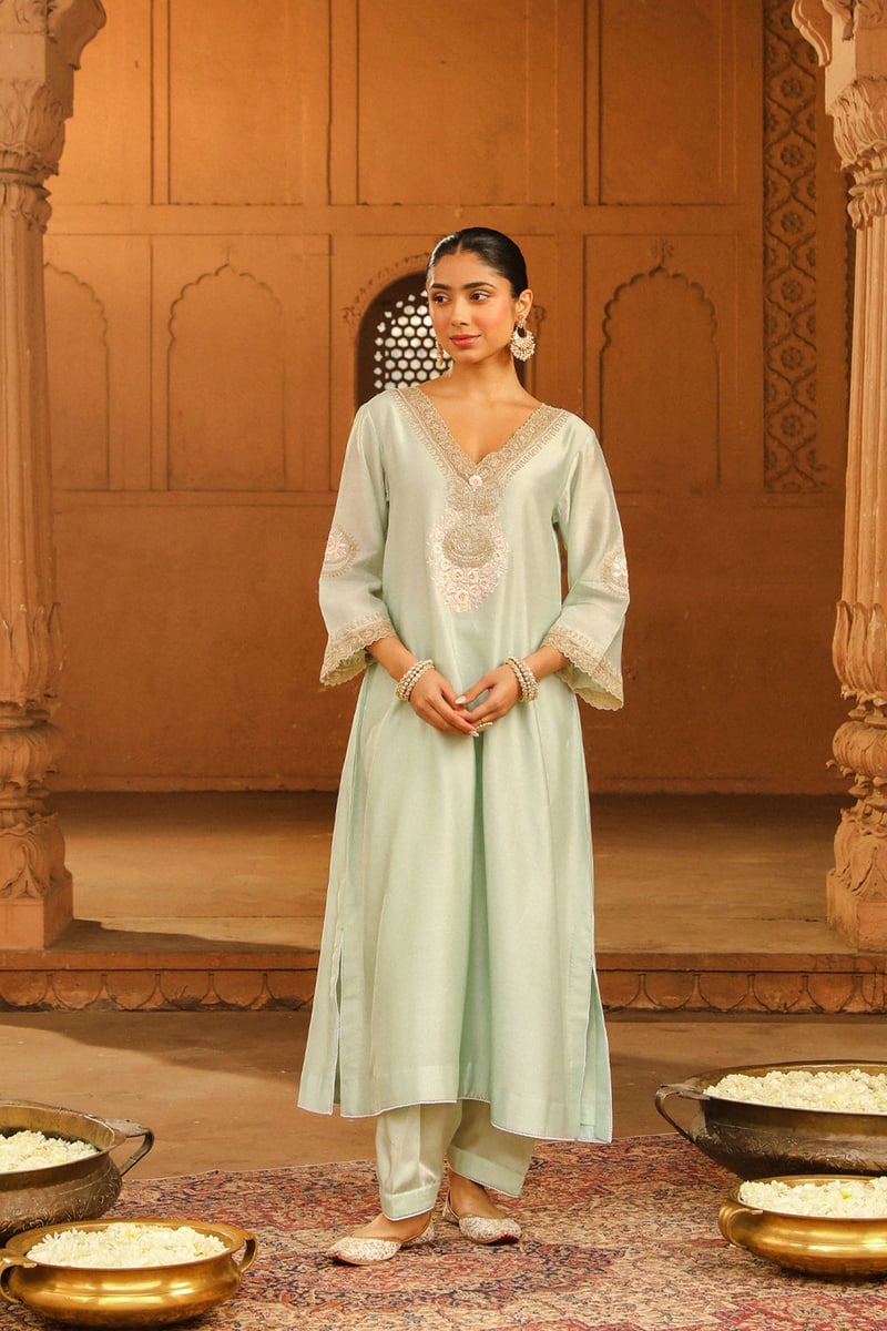 Misty Green Embroidered Long Choga Kurta Set with Salwar