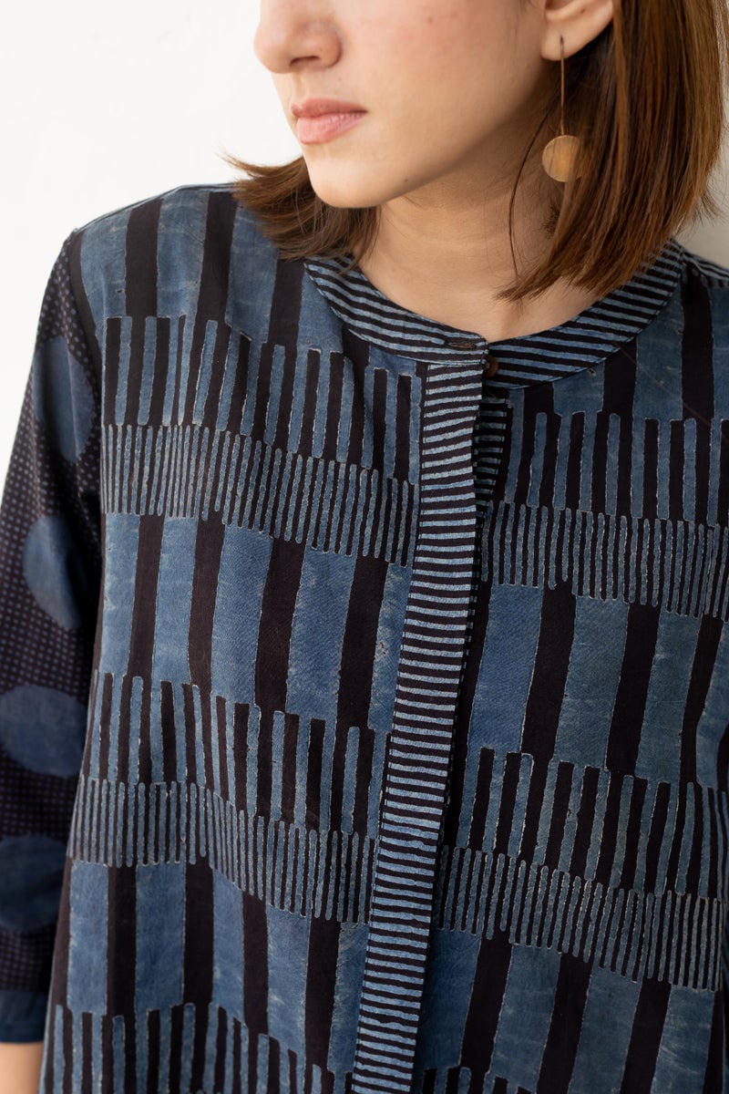 Black and Indigo A-Line Block Print Cotton Kurta
