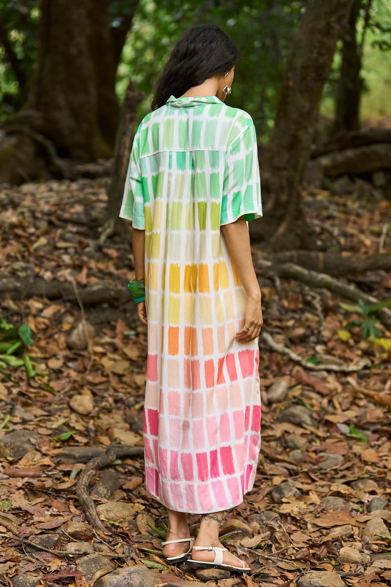 Multicolor Printed Midi Shirt Dress with Button-Down Front