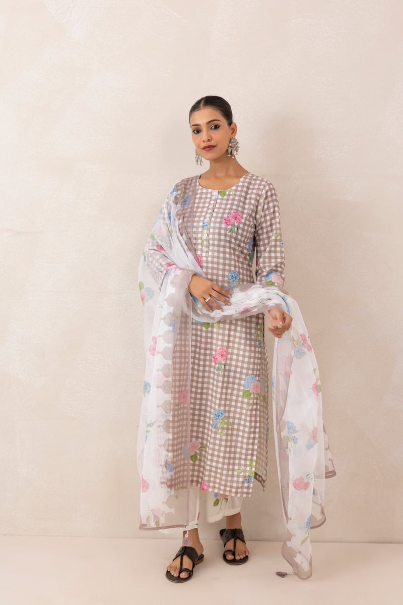 Mushroom Grey Checked Floral Print Cotton Kurta Set