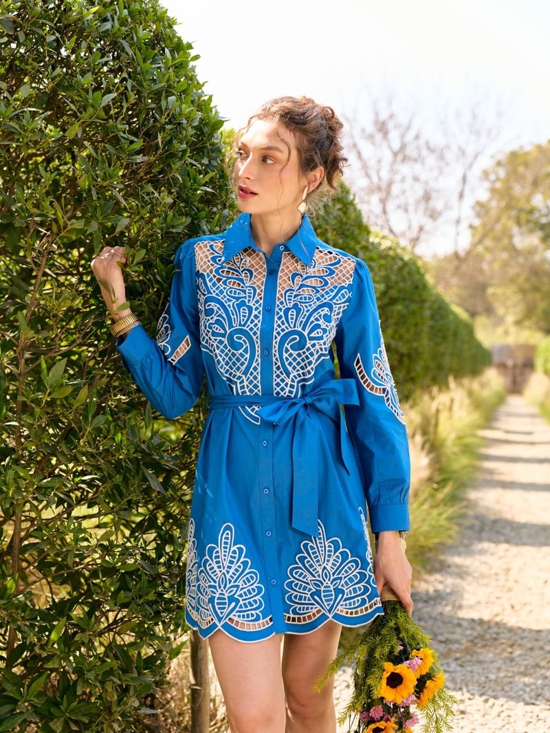 Blue Cutwork Belted Mini Shirt Dress