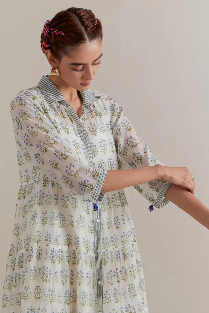 Blue/Green Floral Printed Tiered Kurta Set with Slip