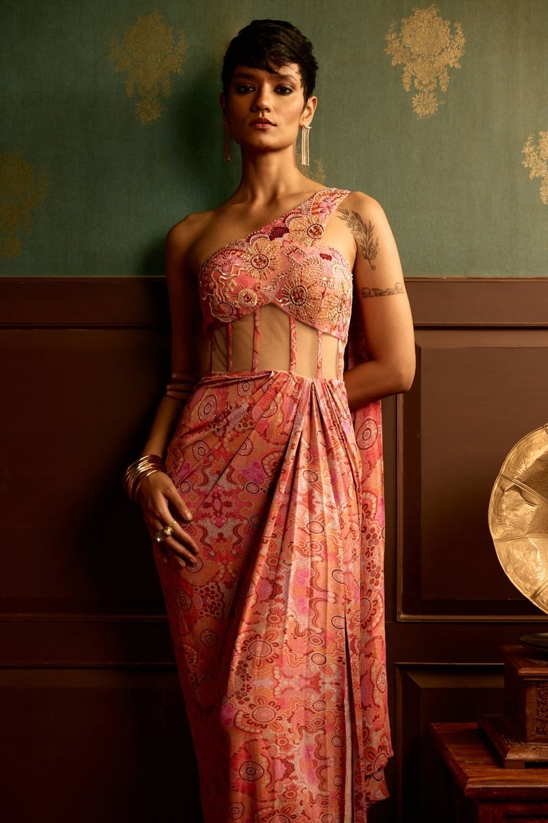 Pink One-Shoulder Printed Corset Drape Gown — Reeti Arneja