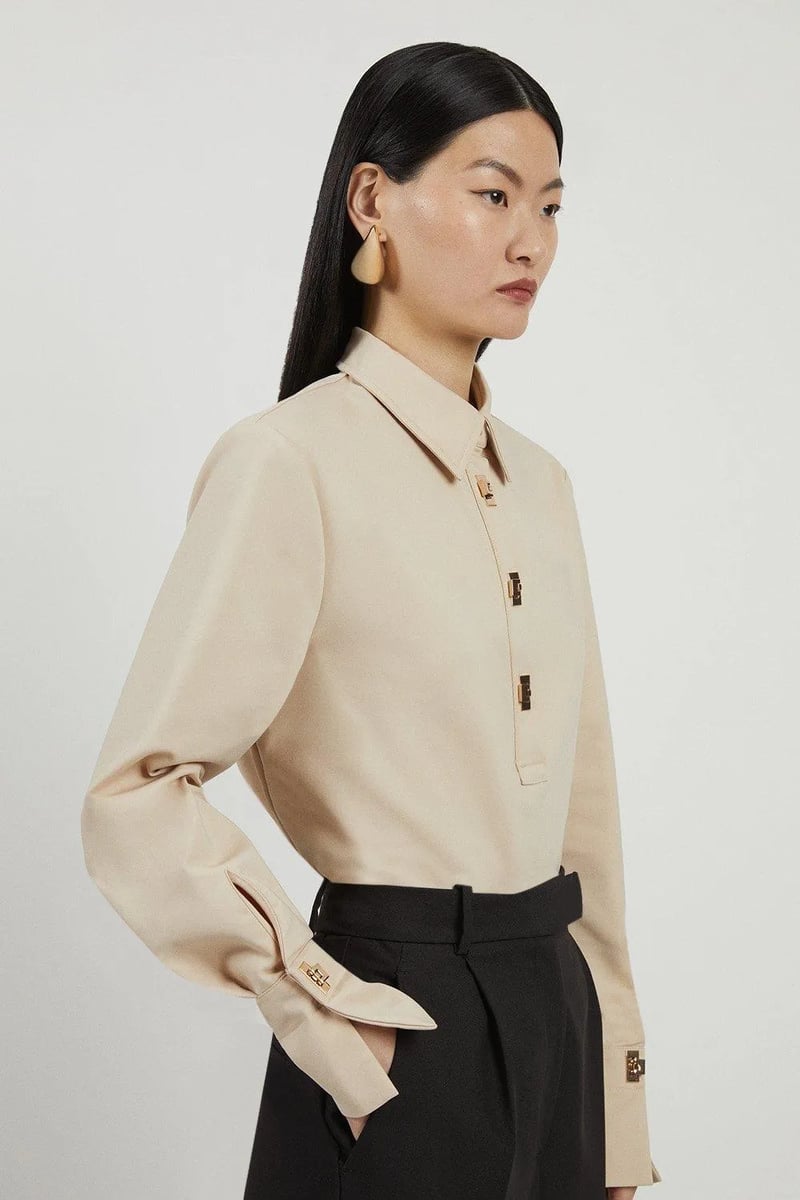 Sand Regular-Fit Collared Shirt with Statement Buttons