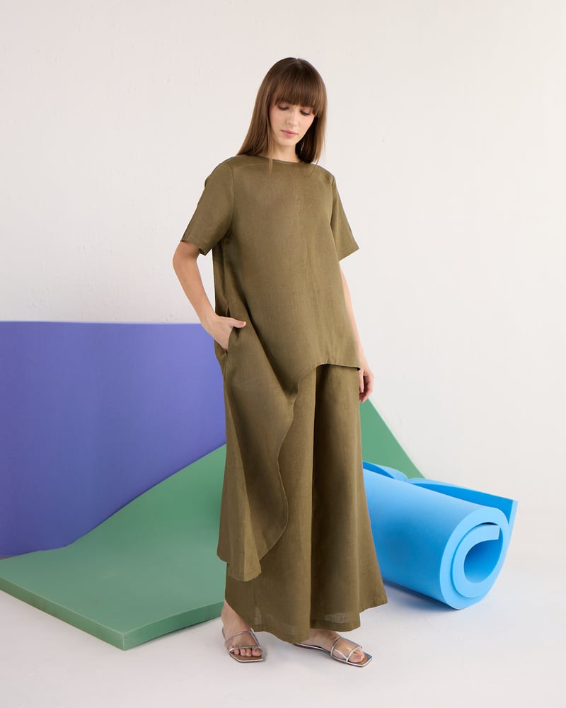 Pine Green Linen Co-ord Set with Asymmetric Tunic Top
