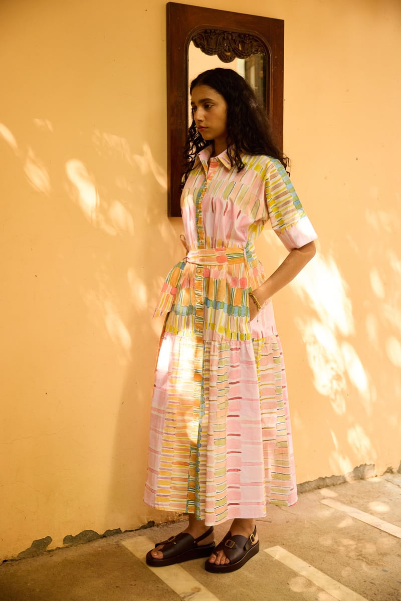 Multicolor Pastel Striped Maxi Shirt Dress with Belt