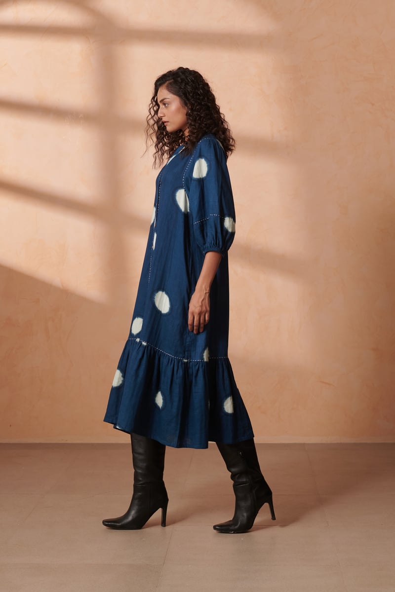 Indigo Dot Midi Shirt Dress in Double Gauze Cotton