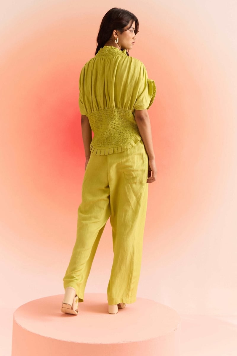 Lime Green Wrap-Front Wide-Leg Trousers