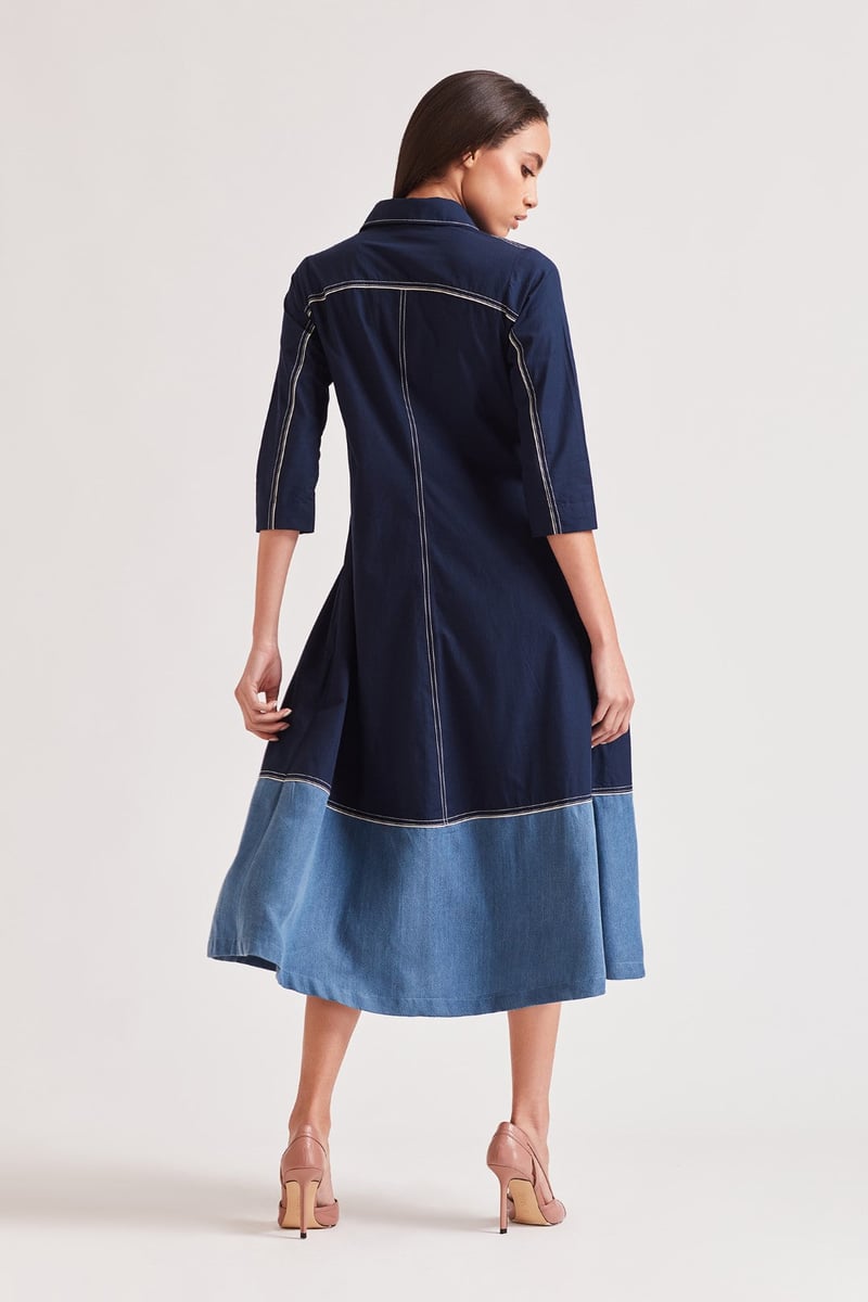 Navy Colorblocked A-Line Midi Shirt Dress
