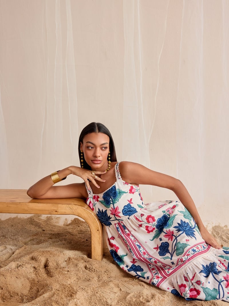 White Floral Printed Cotton Maxi Dress with Lace Trim
