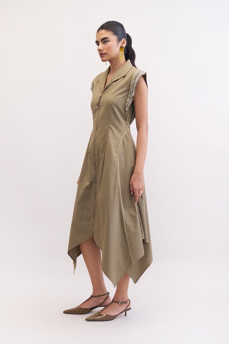 Mushroom Cotton Poplin Zip-Front Fit and Flare Midi Dress